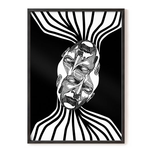 Convergent Faces, black, white abstract wall art, front artwork view