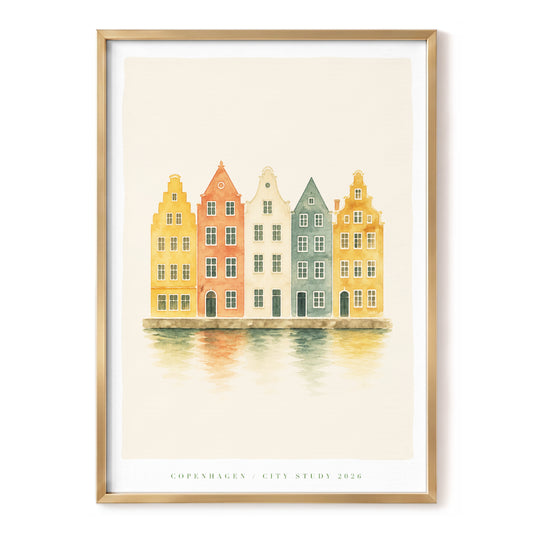 Copenhagen Gable Row, beige, gold, green minimalist wall art, front artwork view
