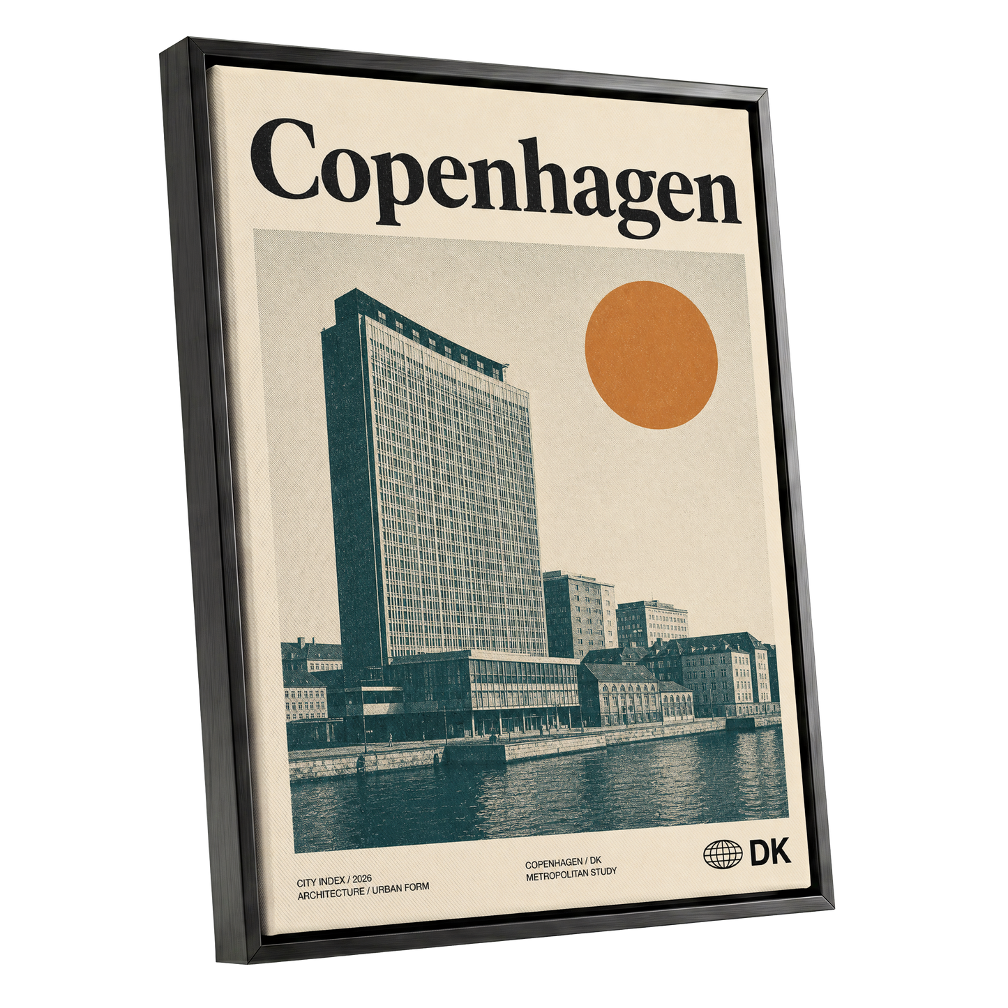 Copenhagen Modern, beige, green, orange minimalist wall art shown as a black framed canvas wall art