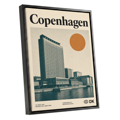 Copenhagen Modern, beige, green, orange minimalist wall art shown as a black framed canvas wall art