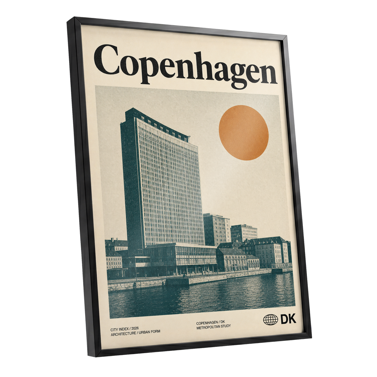 Copenhagen Modern, beige, green, orange minimalist wall art shown as a black framed poster wall art print