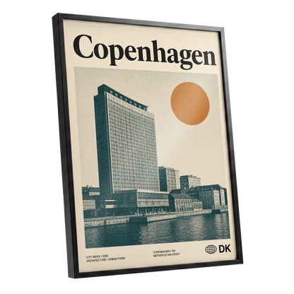 Copenhagen Modern, beige, green, orange minimalist wall art shown as a black framed poster wall art print
