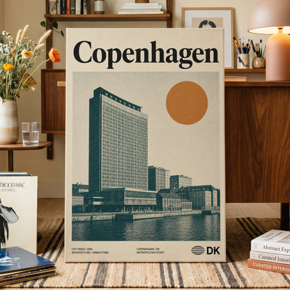 Copenhagen Modern, beige, green, orange minimalist wall art on canvas displayed in a styled interior, gallery view 1