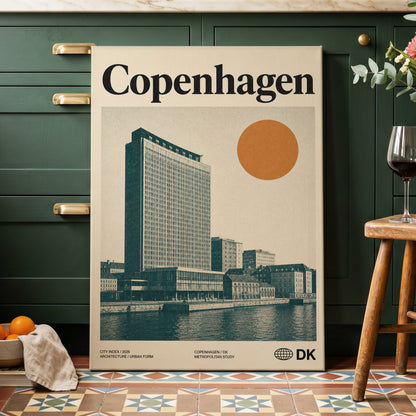 Copenhagen Modern, beige, green, orange minimalist wall art on canvas displayed in a styled interior, gallery view 2