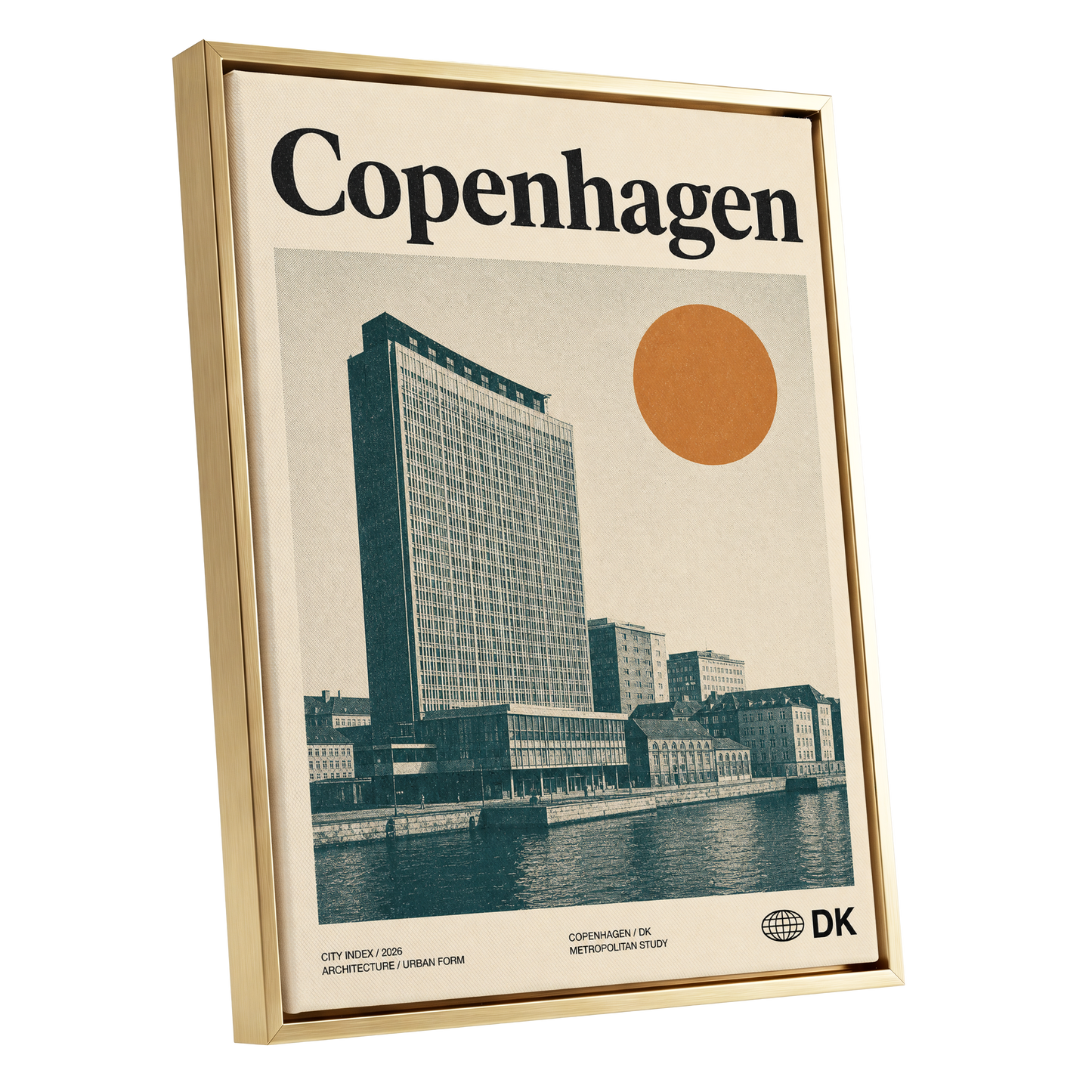 Copenhagen Modern, beige, green, orange minimalist wall art shown as a gold framed canvas wall art