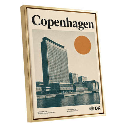 Copenhagen Modern, beige, green, orange minimalist wall art shown as a gold framed canvas wall art