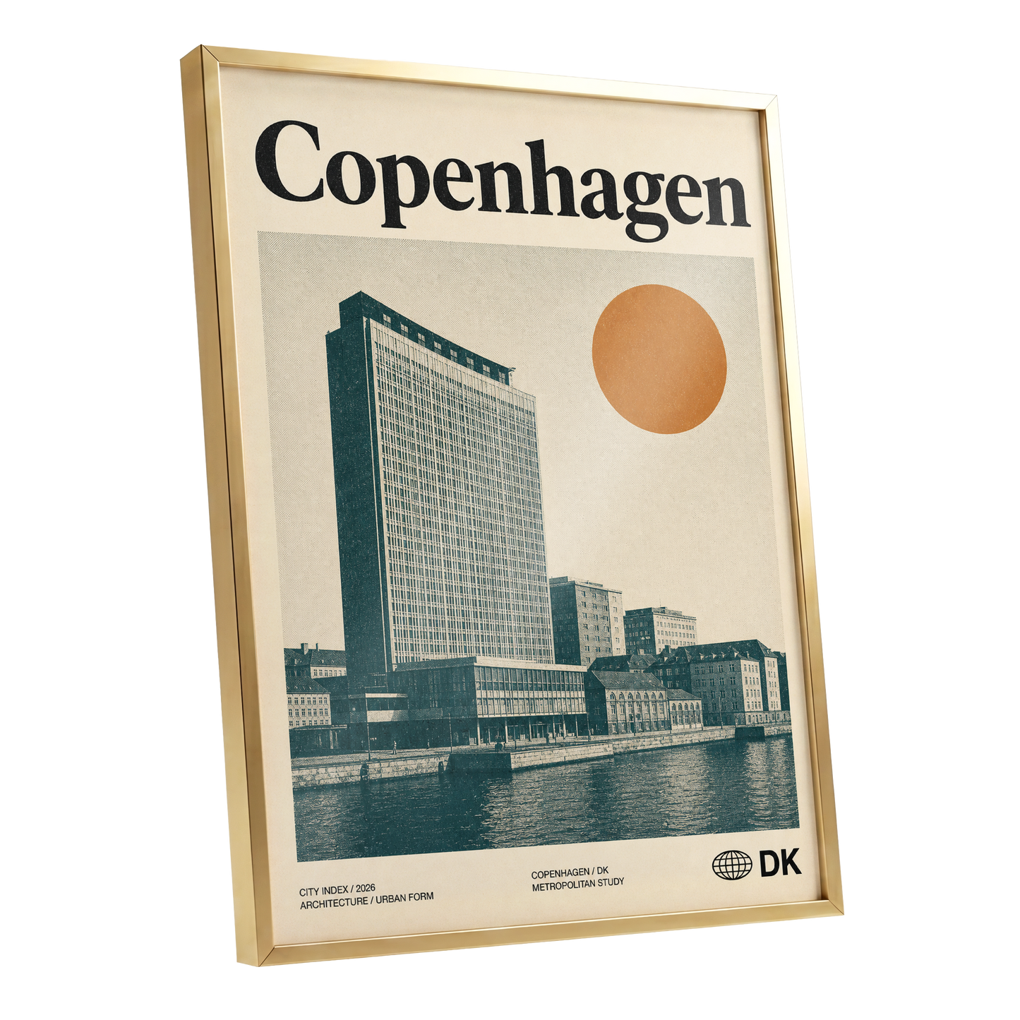 Copenhagen Modern, beige, green, orange minimalist wall art shown as a gold framed poster wall art print
