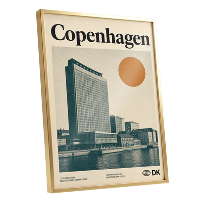 Copenhagen Modern, beige, green, orange minimalist wall art shown as a gold framed poster wall art print