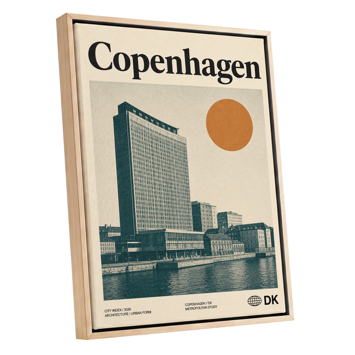 Copenhagen Modern, beige, green, orange minimalist wall art shown as a oak framed canvas wall art
