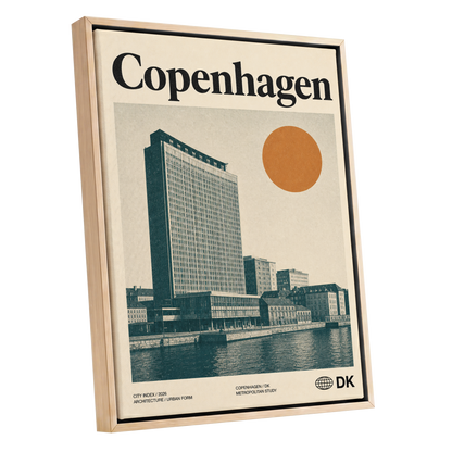 Copenhagen Modern, beige, green, orange minimalist wall art shown as a oak framed canvas wall art