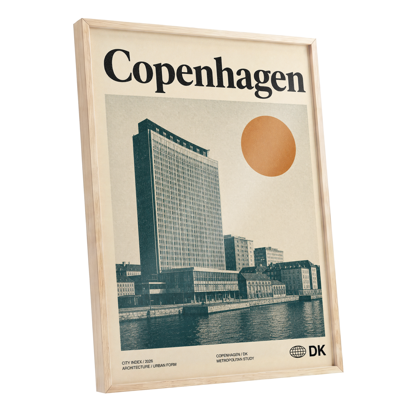 Copenhagen Modern, beige, green, orange minimalist wall art shown as a oak framed poster wall art print