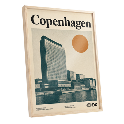 Copenhagen Modern, beige, green, orange minimalist wall art shown as a oak framed poster wall art print