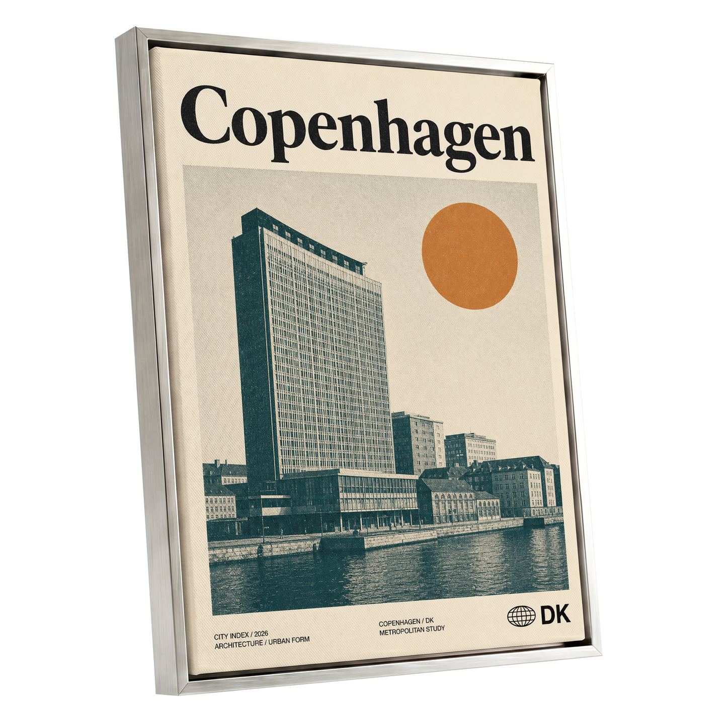 Copenhagen Modern, beige, green, orange minimalist wall art shown as a silver framed canvas wall art