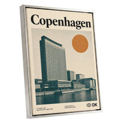 Copenhagen Modern, beige, green, orange minimalist wall art shown as a silver framed canvas wall art