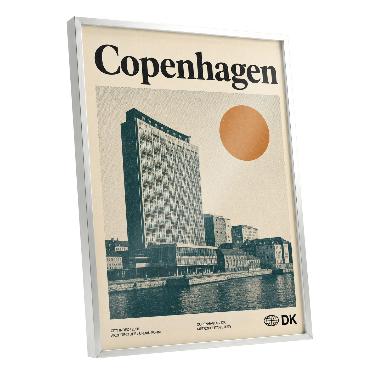 Copenhagen Modern, beige, green, orange minimalist wall art shown as a silver framed poster wall art print