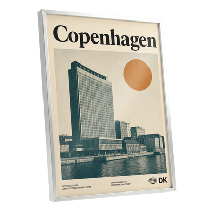 Copenhagen Modern, beige, green, orange minimalist wall art shown as a silver framed poster wall art print
