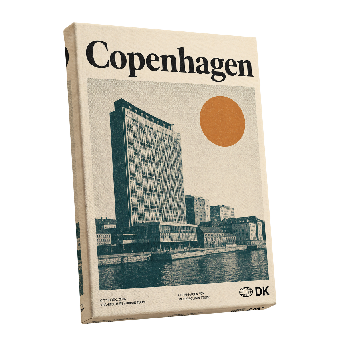 Copenhagen Modern, beige, green, orange minimalist wall art shown as a stretched canvas wall art