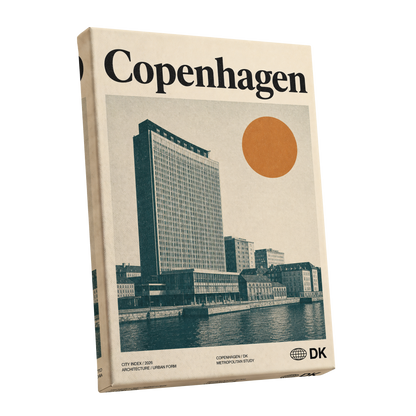 Copenhagen Modern, beige, green, orange minimalist wall art shown as a stretched canvas wall art