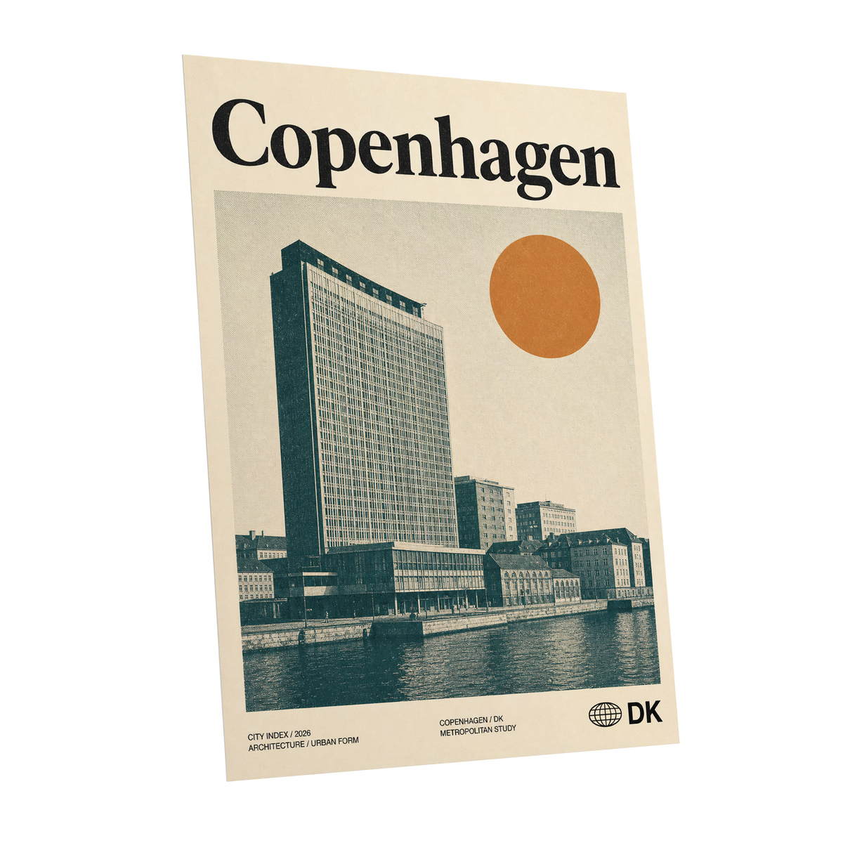 Copenhagen Modern, beige, green, orange minimalist wall art shown as a unframed poster wall art print