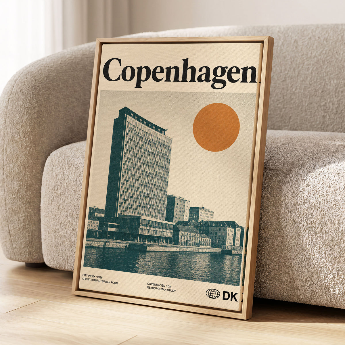Copenhagen Modern, beige, green, orange minimalist wall art displayed in a styled interior, gallery view 1