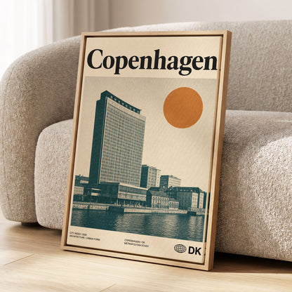 Copenhagen Modern, beige, green, orange minimalist wall art displayed in a styled interior, gallery view 1