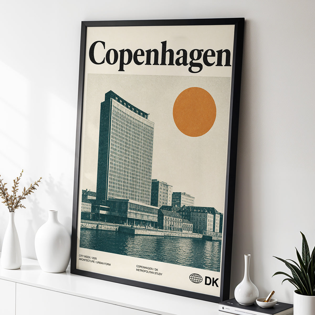 Copenhagen Modern, beige, green, orange minimalist wall art displayed in a styled interior, gallery view 2