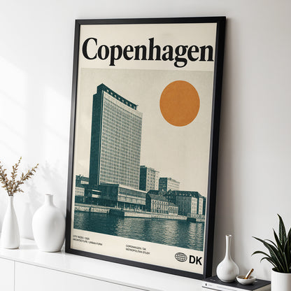 Copenhagen Modern, beige, green, orange minimalist wall art displayed in a styled interior, gallery view 2