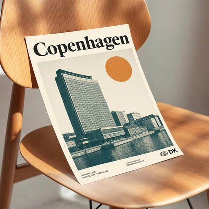 Copenhagen Modern, beige, green, orange minimalist wall art displayed in a styled interior, gallery view 3