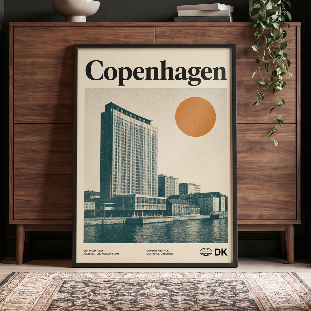Copenhagen Modern, beige, green, orange minimalist wall art displayed in a styled interior, gallery view 4