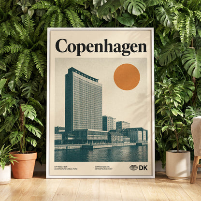 Copenhagen Modern, beige, green, orange minimalist wall art displayed in a styled interior, gallery view 5