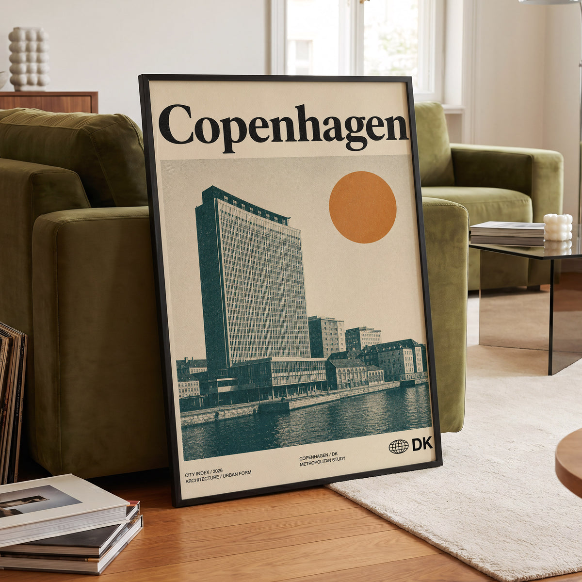 Copenhagen Modern, beige, green, orange minimalist wall art displayed in a styled interior, gallery view 6