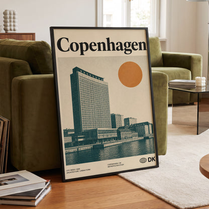 Copenhagen Modern, beige, green, orange minimalist wall art displayed in a styled interior, gallery view 6