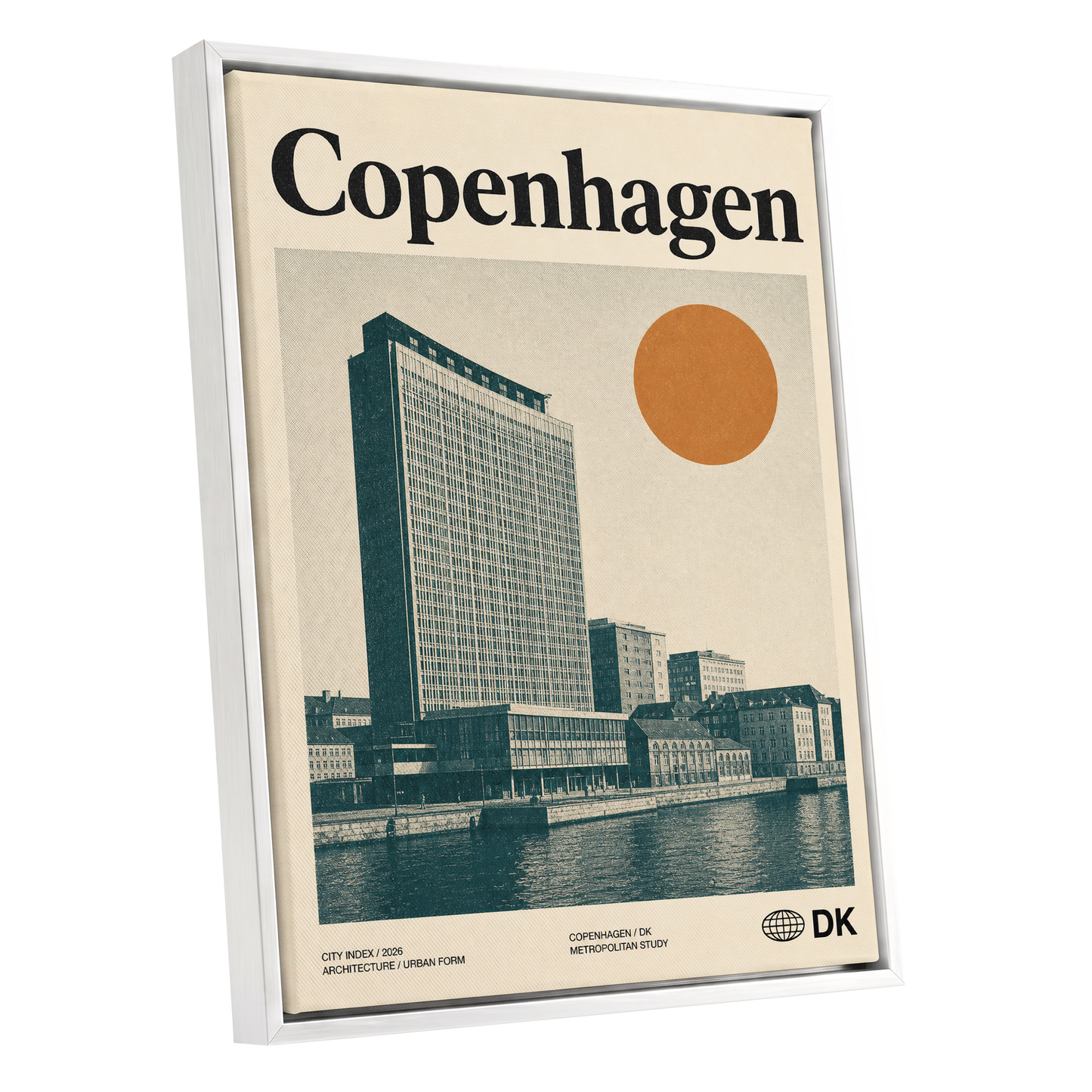 Copenhagen Modern, beige, green, orange minimalist wall art shown as a white framed canvas wall art