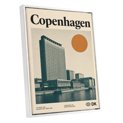 Copenhagen Modern, beige, green, orange minimalist wall art shown as a white framed canvas wall art