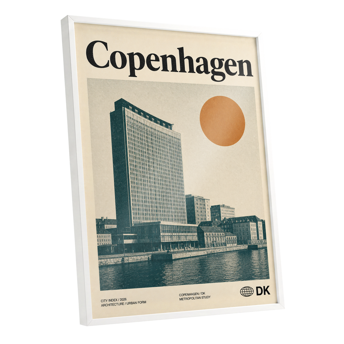 Copenhagen Modern, beige, green, orange minimalist wall art shown as a white framed poster wall art print