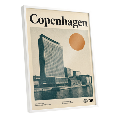 Copenhagen Modern, beige, green, orange minimalist wall art shown as a white framed poster wall art print