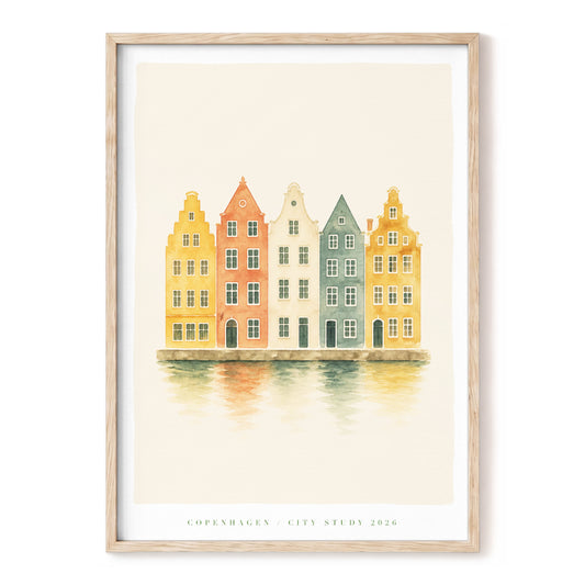 Copenhagen Waterfront, beige, gold, green minimalist wall art, front artwork view