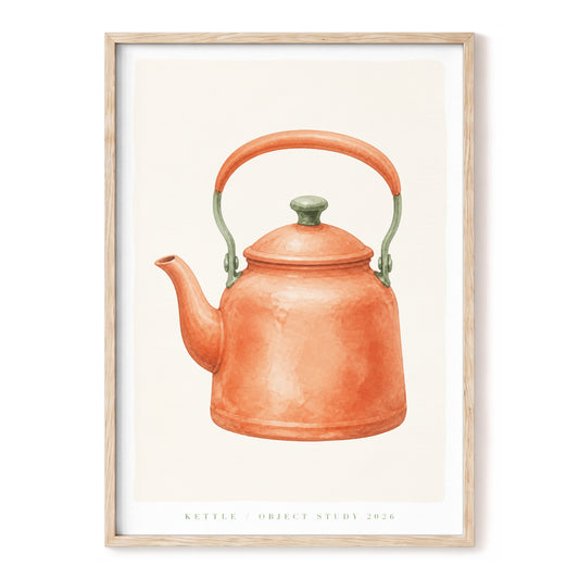 Copper Kettle Study, orange, green, beige minimalist wall art, front artwork view