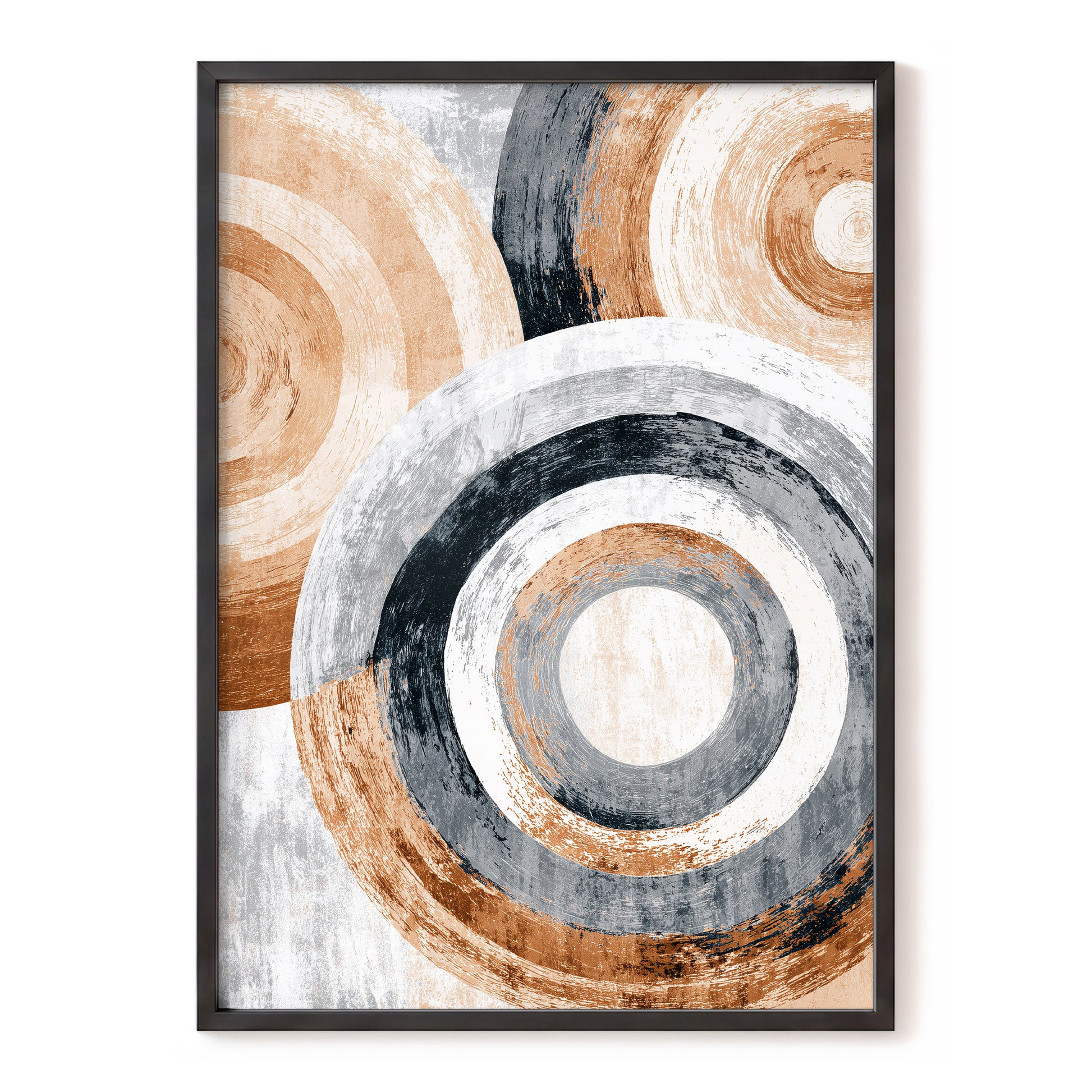 Copper Orbit Rings – orange, brown, gray abstract wall art, front view