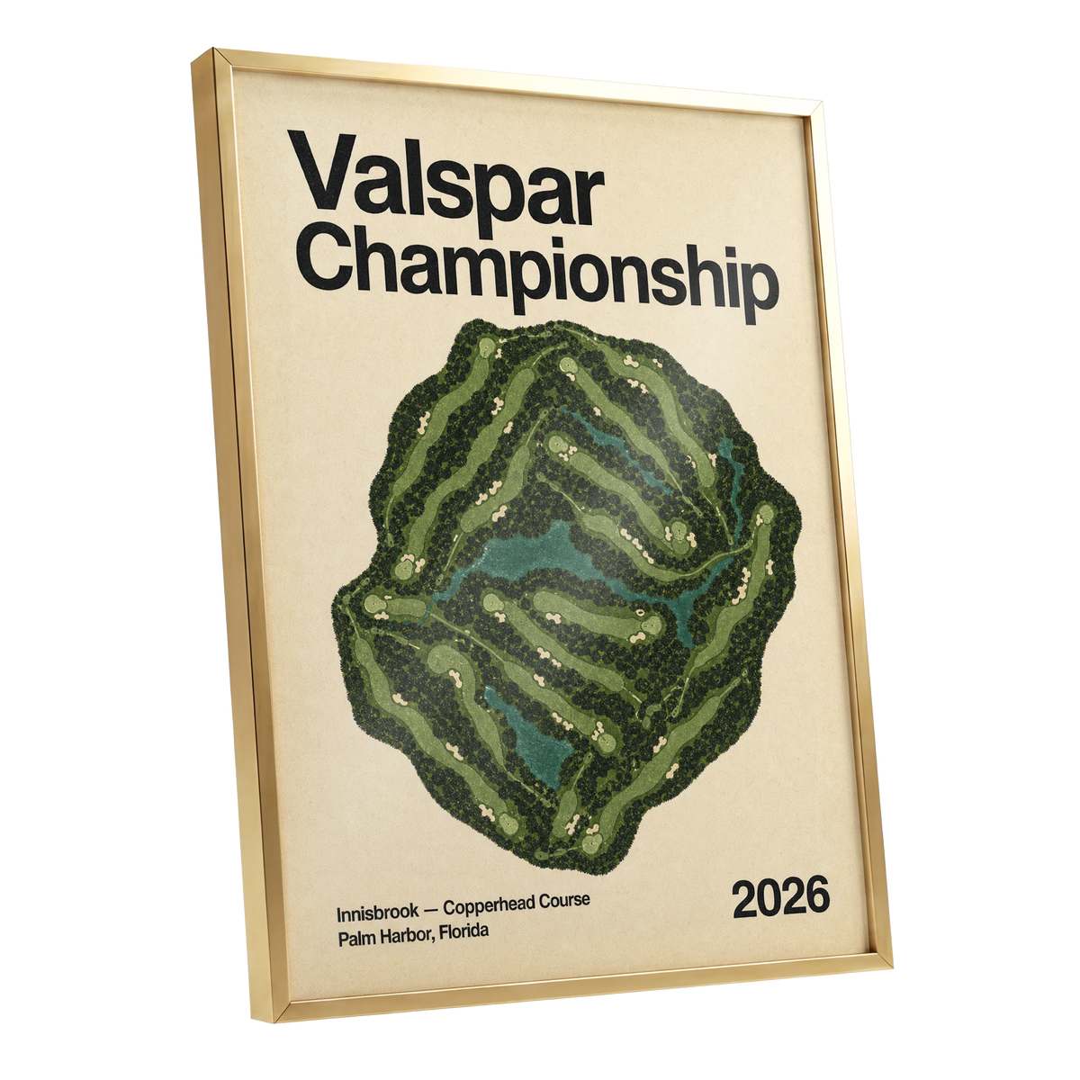Copperhead Championship, green, beige, black nature wall art shown as a gold framed poster wall art print