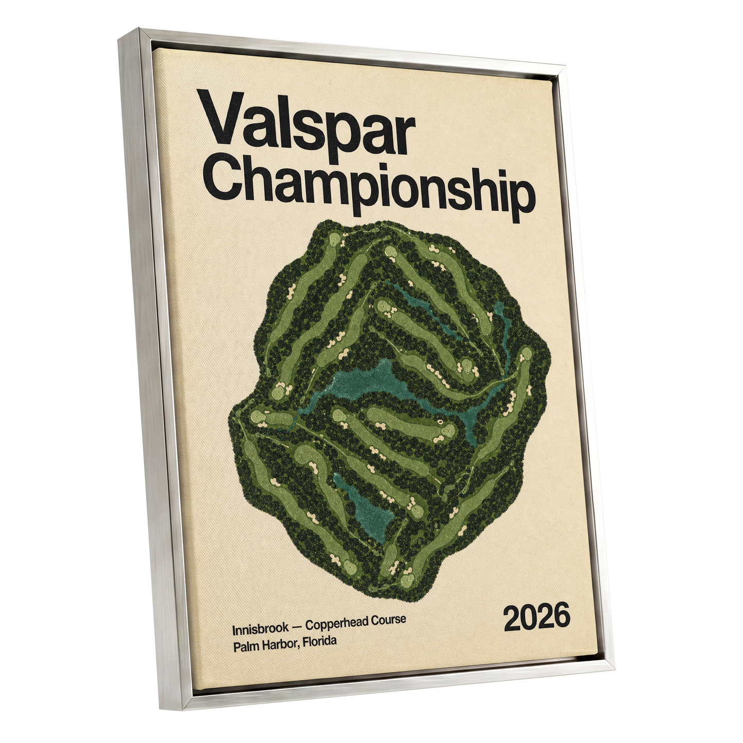 Copperhead Championship, green, beige, black nature wall art shown as a silver framed canvas wall art
