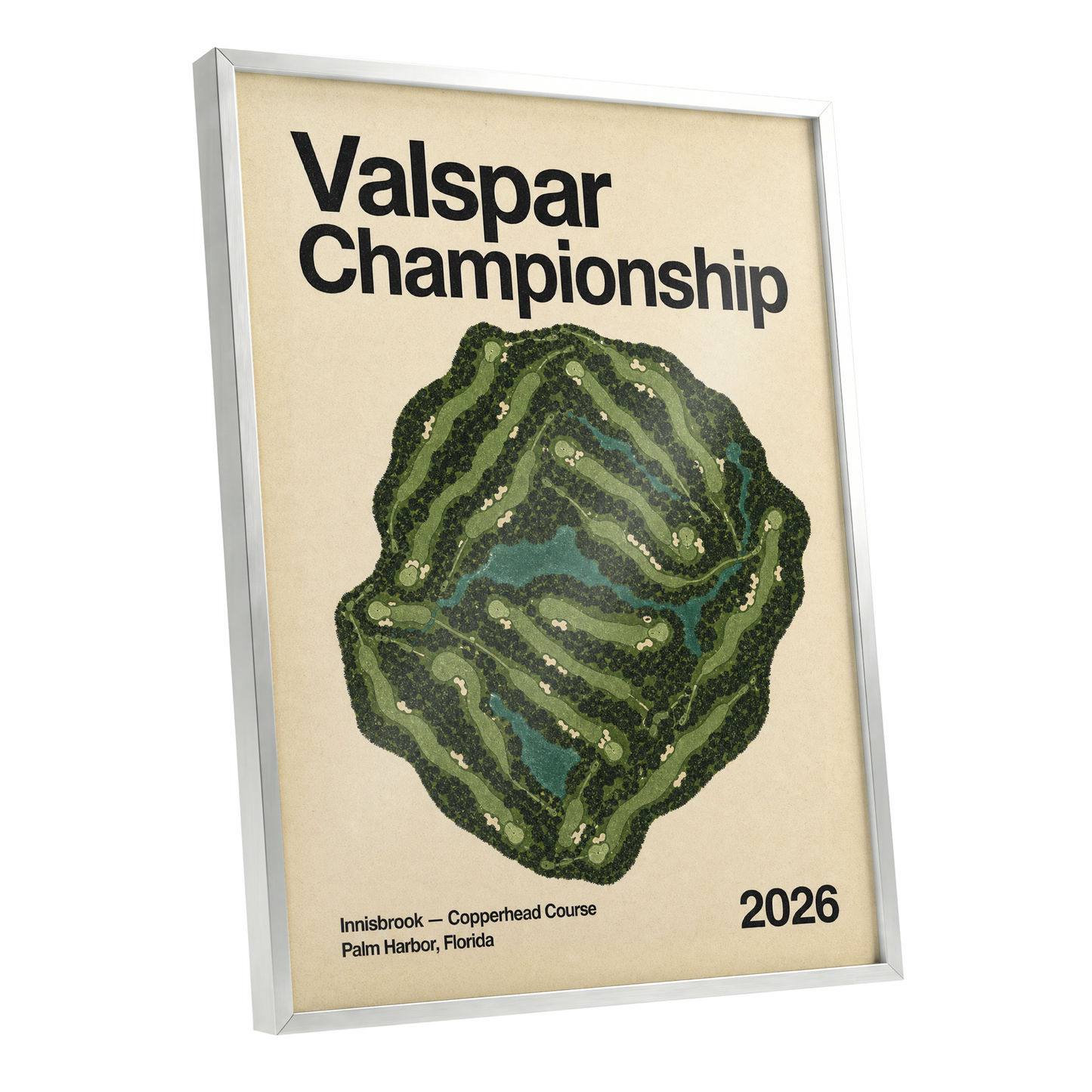 Copperhead Championship, green, beige, black nature wall art shown as a silver framed poster wall art print