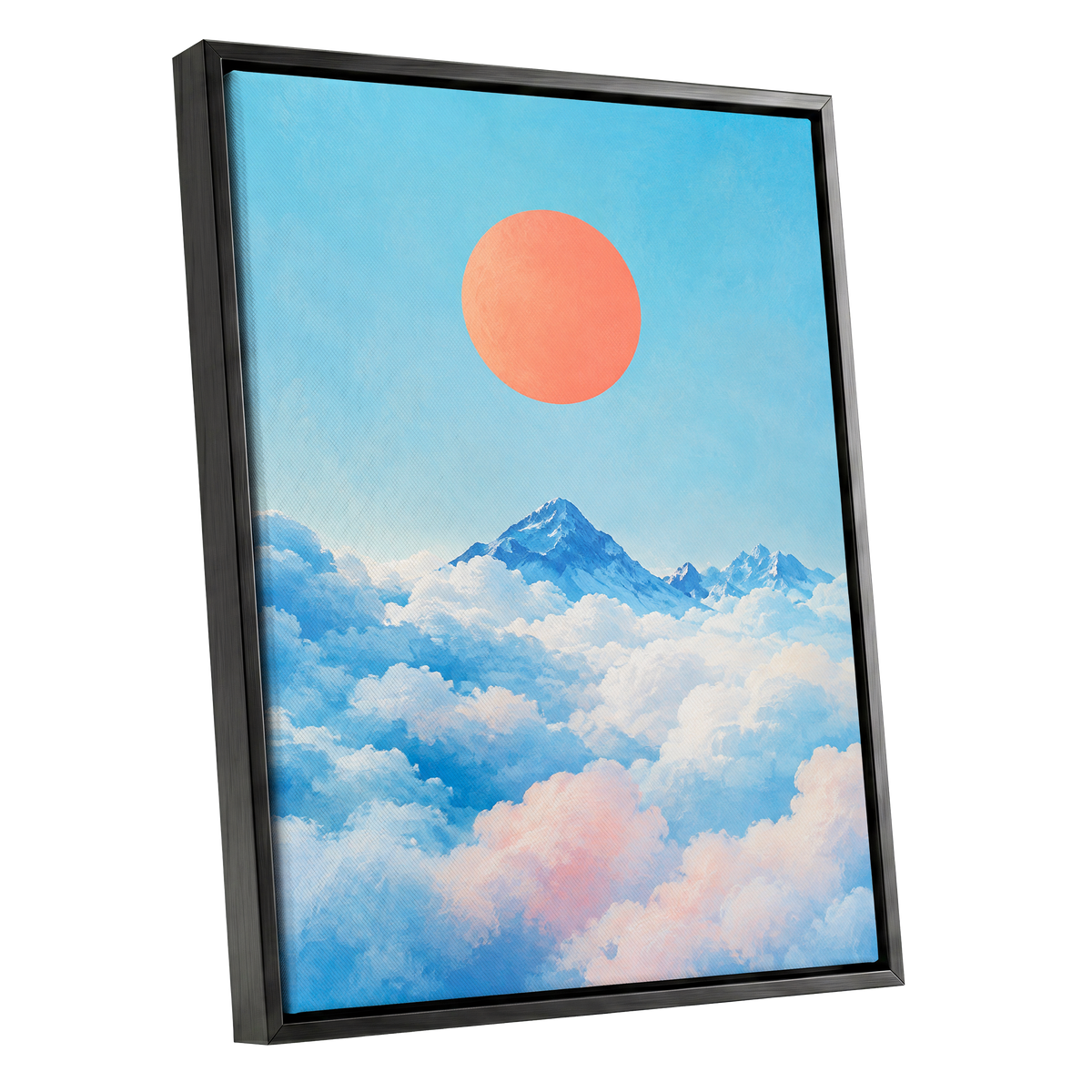 Coral Above the Clouds, blue, white, orange nature wall art shown as a black framed canvas wall art