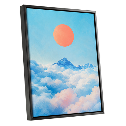 Coral Above the Clouds, blue, white, orange nature wall art shown as a black framed canvas wall art