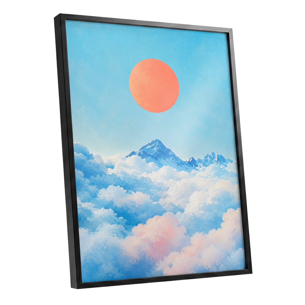 Coral Above the Clouds, blue, white, orange nature wall art shown as a black framed poster wall art print