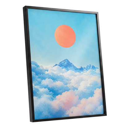 Coral Above the Clouds, blue, white, orange nature wall art shown as a black framed poster wall art print