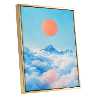 Coral Above the Clouds, blue, white, orange nature wall art shown as a gold framed canvas wall art