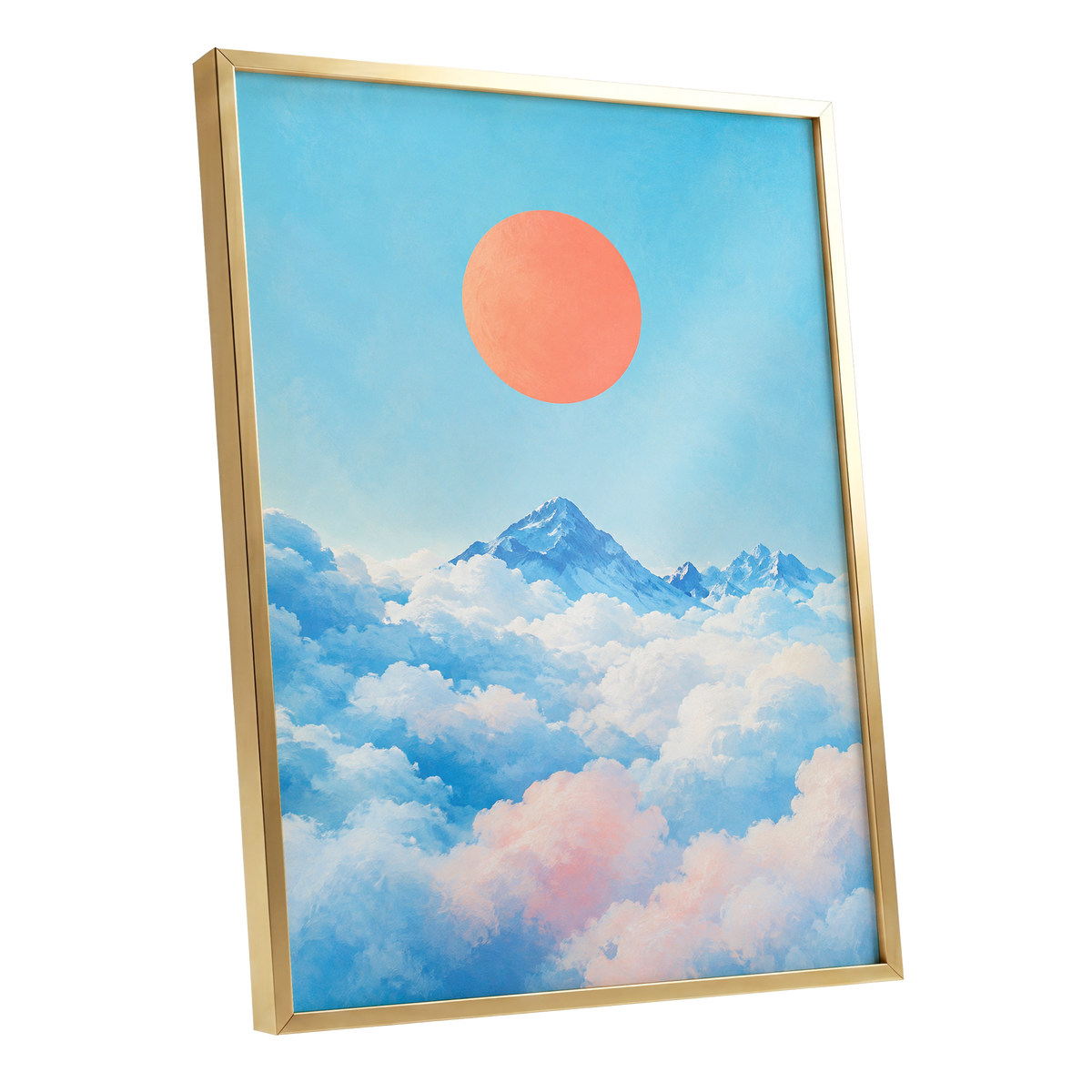 Coral Above the Clouds, blue, white, orange nature wall art shown as a gold framed poster wall art print