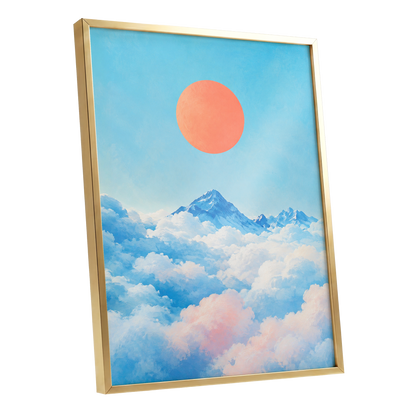 Coral Above the Clouds, blue, white, orange nature wall art shown as a gold framed poster wall art print