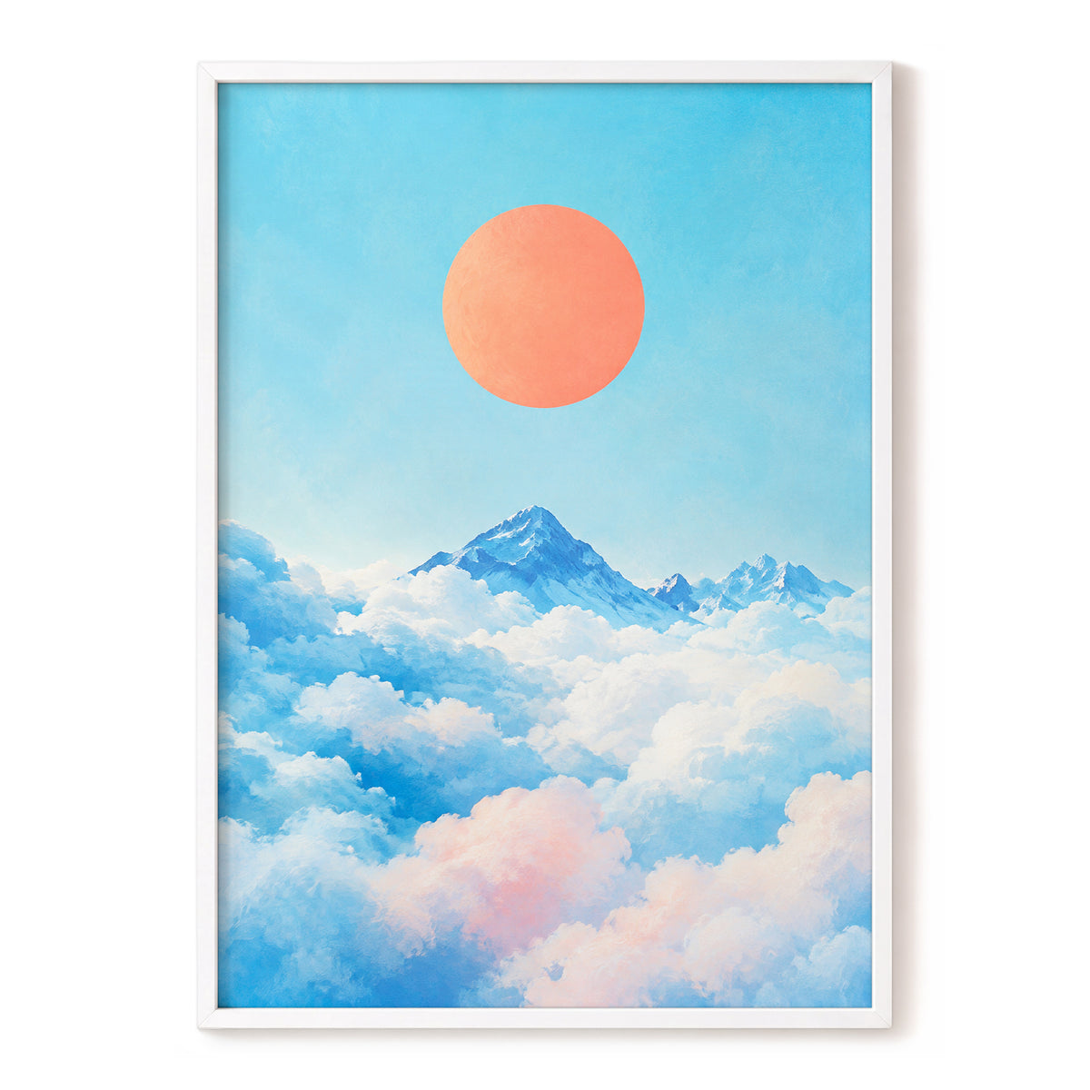 Coral Above the Clouds, blue, white, orange nature wall art, front artwork view